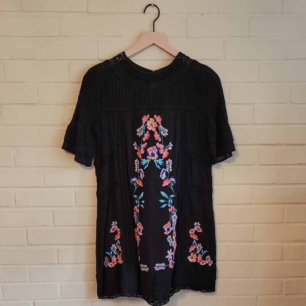 NWT Free People Perfectly Victorian Embroidered Mini Dress Black Size XS